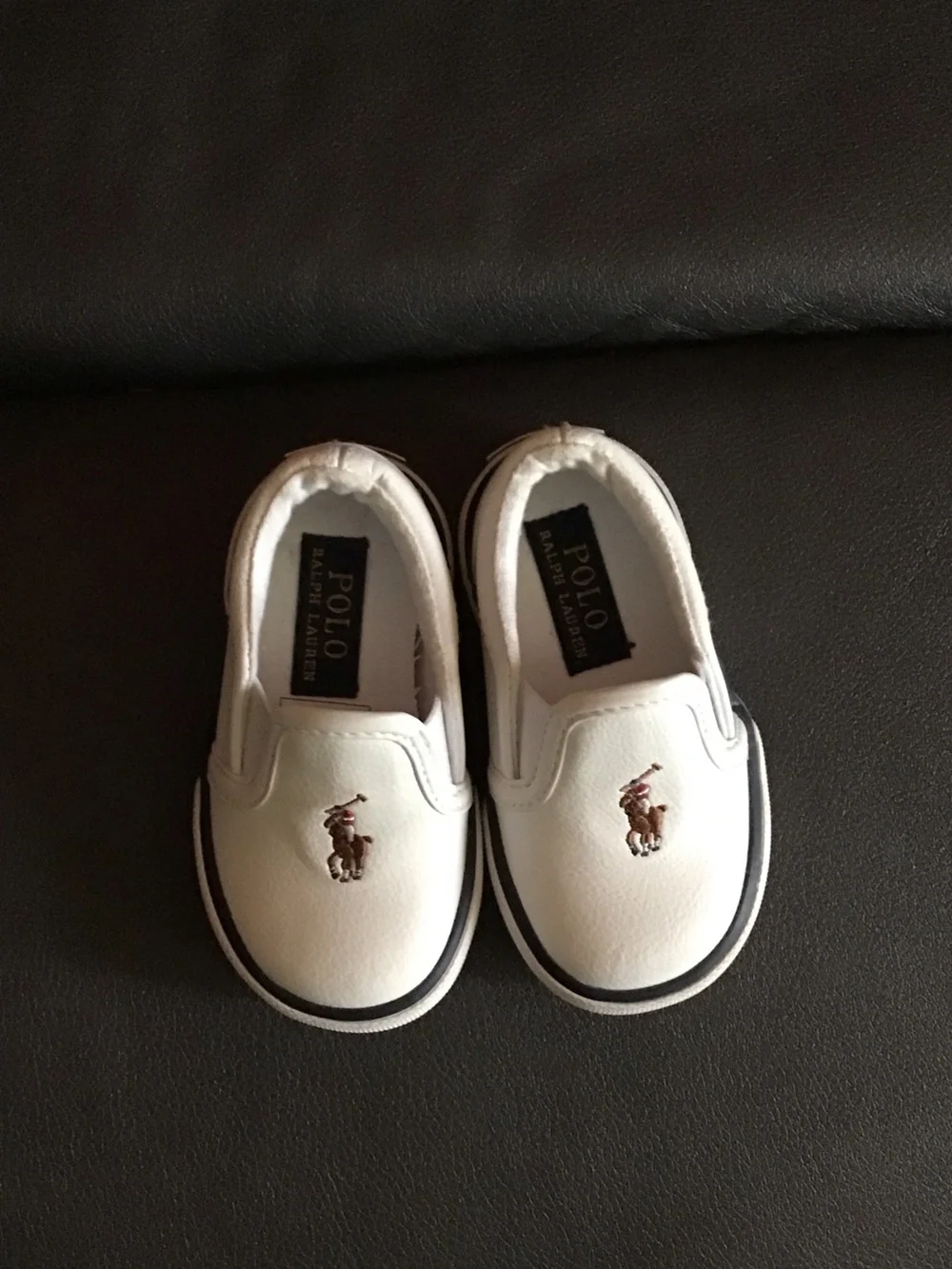 Ralph Lauren White Slip-On Sneakers with Navy Trim and Embroidered Pony